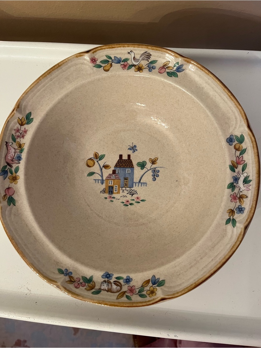 International Heartland Stoneware Serving Bowl with Country Cottage Scene